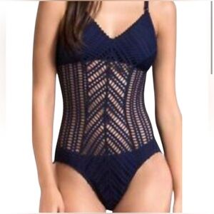 Robin Piccone Navy Crochet One-Piece Swimsuit. Size 12. Worn once